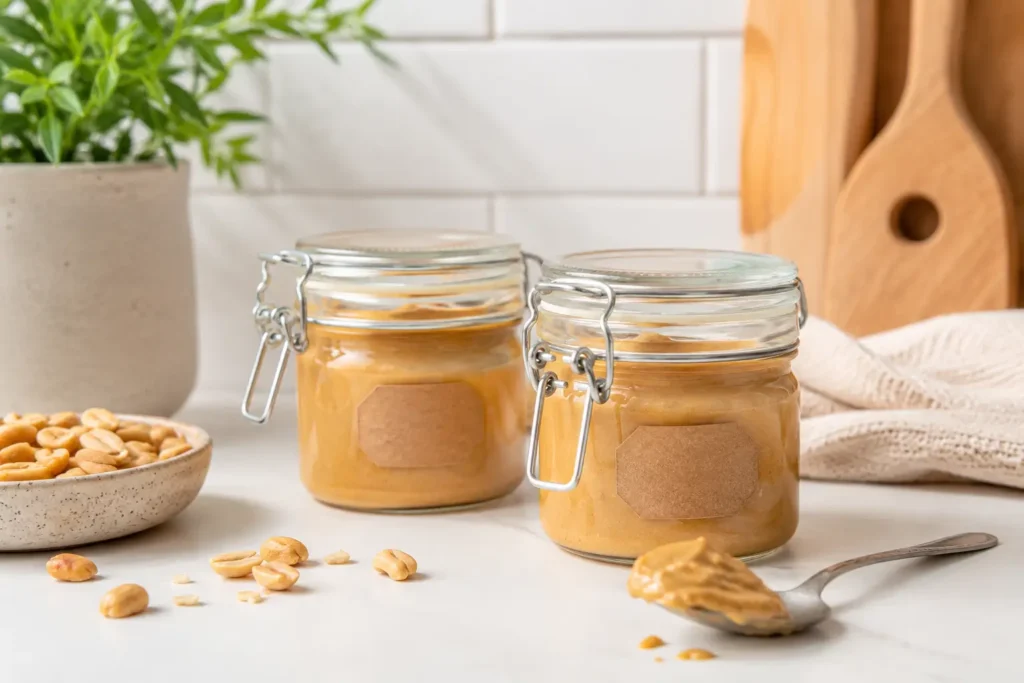 Erdnussbutter ohne Zucker in Schraubgläsern zur Aufbewahrung mit Erdnüssen und Löffel
