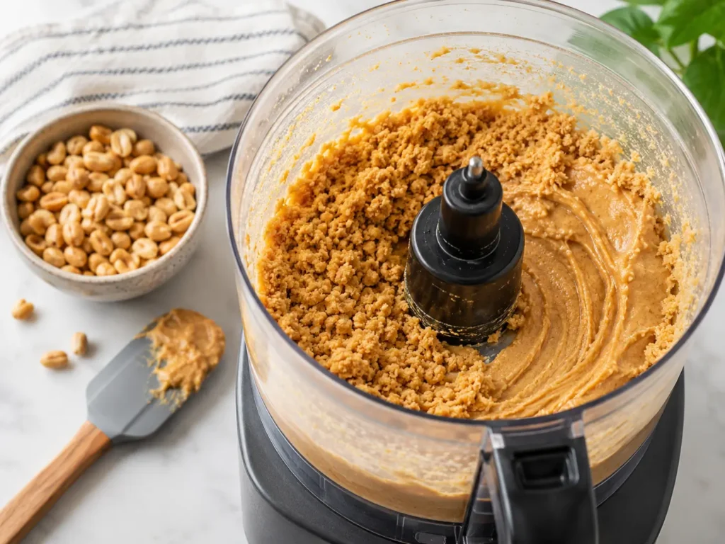 Erdnussbutter ohne Zucker mixen im Food Processor mit gerösteten Erdnüssen und Spatel