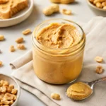 Erdnussbutter ohne Zucker im Glas mit gerösteten Erdnüssen und Löffel auf hellem Küchentisch