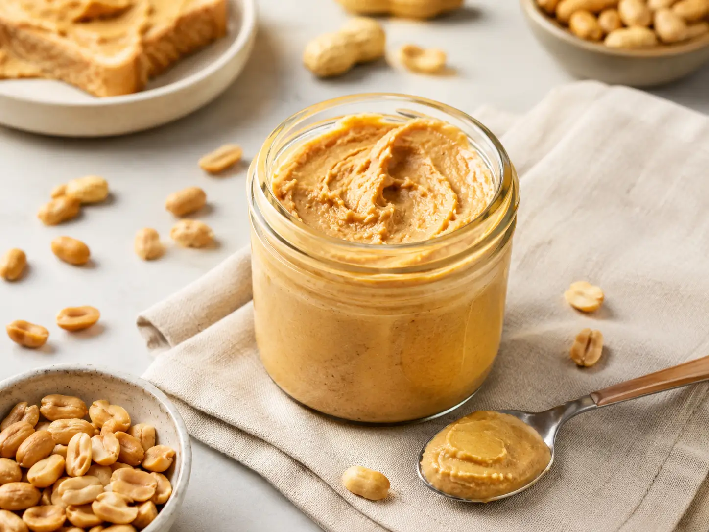 Erdnussbutter ohne Zucker im Glas mit gerösteten Erdnüssen und Löffel auf hellem Küchentisch