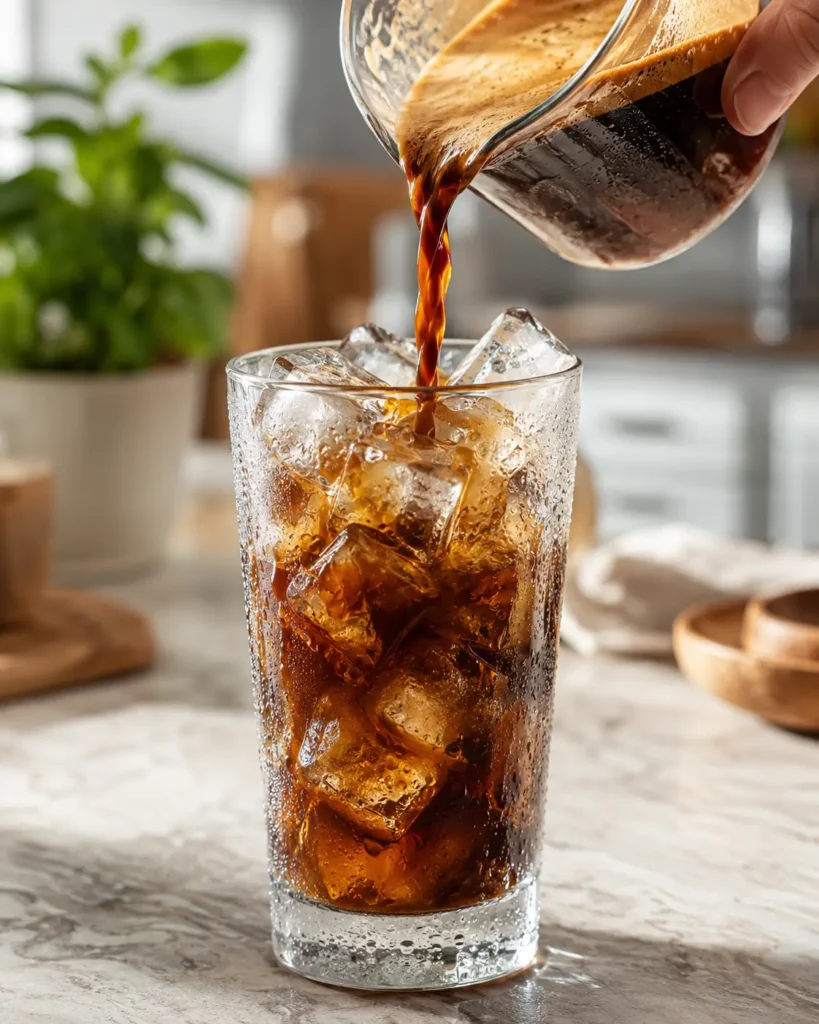 Espresso wird über Eiswürfel für Protein Iced Coffee gegossen
