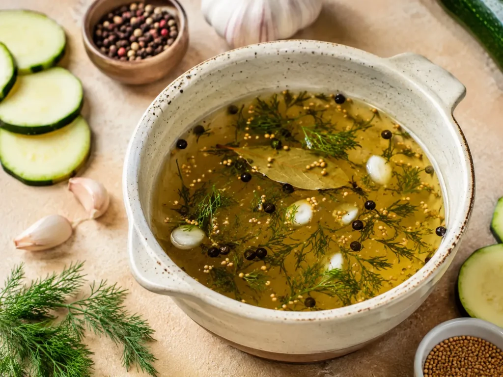 Essigsud für Zucchini mit Essig, Wasser, Zucker, Salz, Senfkörnern, Pfefferkörnern und Dill