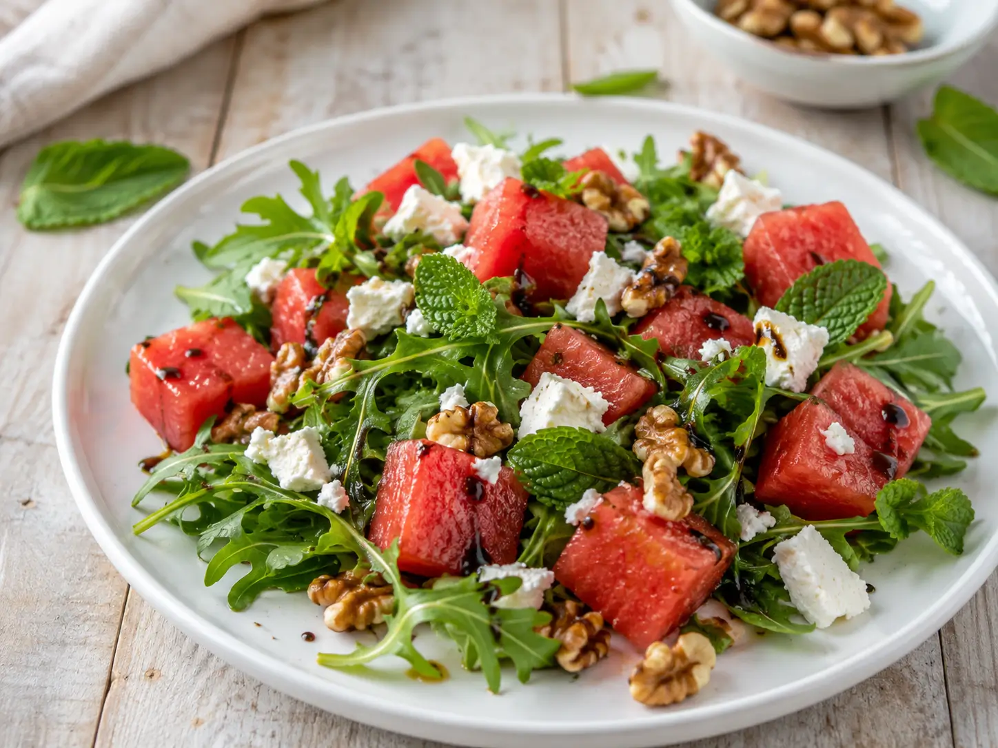 Feta Wassermelone Salat mit Rucola, Minze, Walnüssen und Honig-Balsamico-Dressing