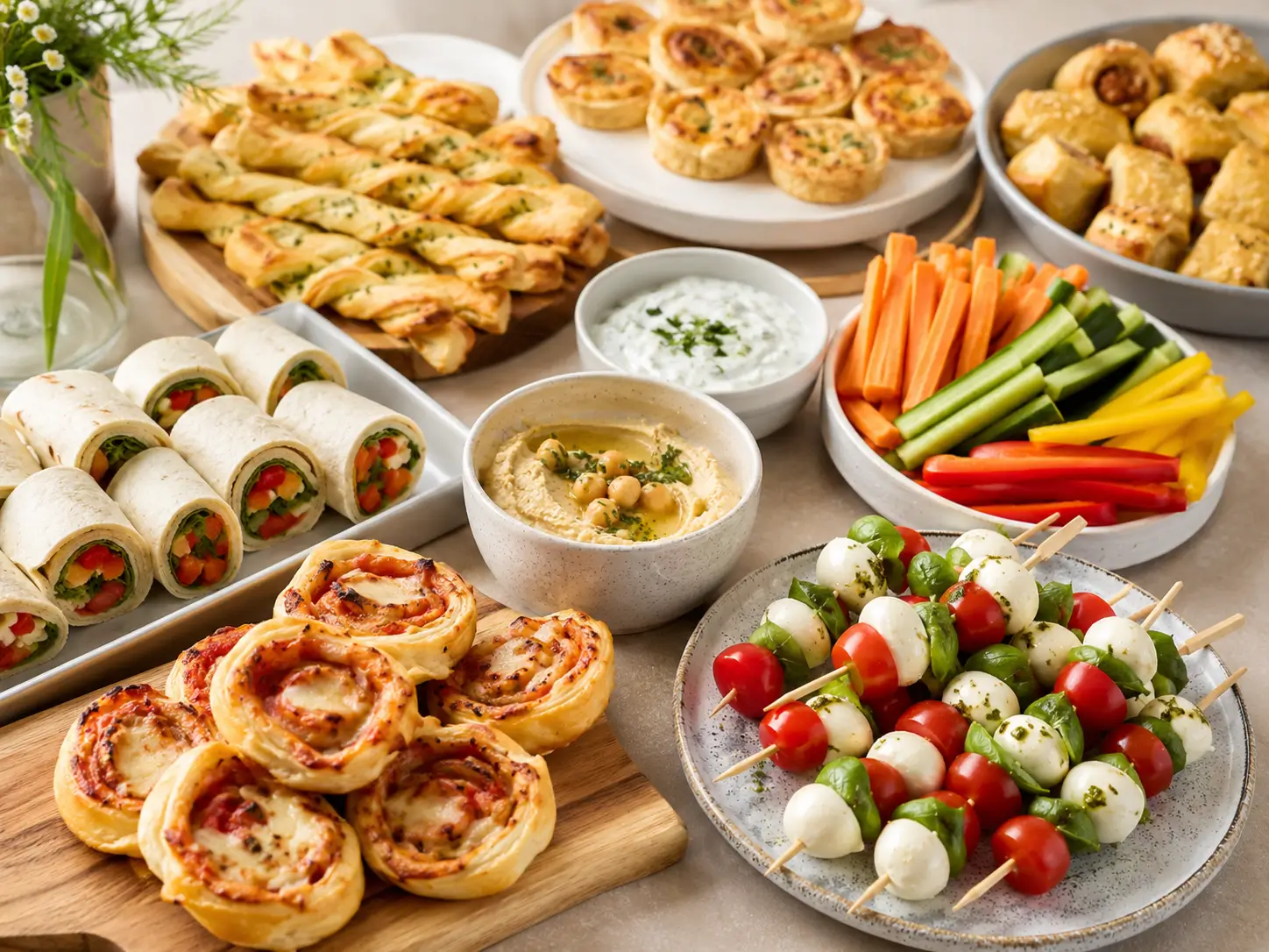 Fingerfood am Vortag zubereiten mit Pizzaschnecken, Spießen, Wraps, Gemüsesticks, Dips und kleinen Snacks fürs Buffet