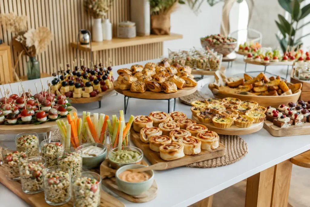Fingerfood Buffet Ideen für Gäste mit kalten Snacks, warmen Ofensnacks, Dips, Salaten und süßen Häppchen