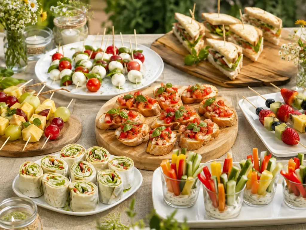 Fingerfood für Gartenparty mit Caprese Spießen, Crostini, Mini Sandwiches, Obstspießen und Wrap Röllchen
