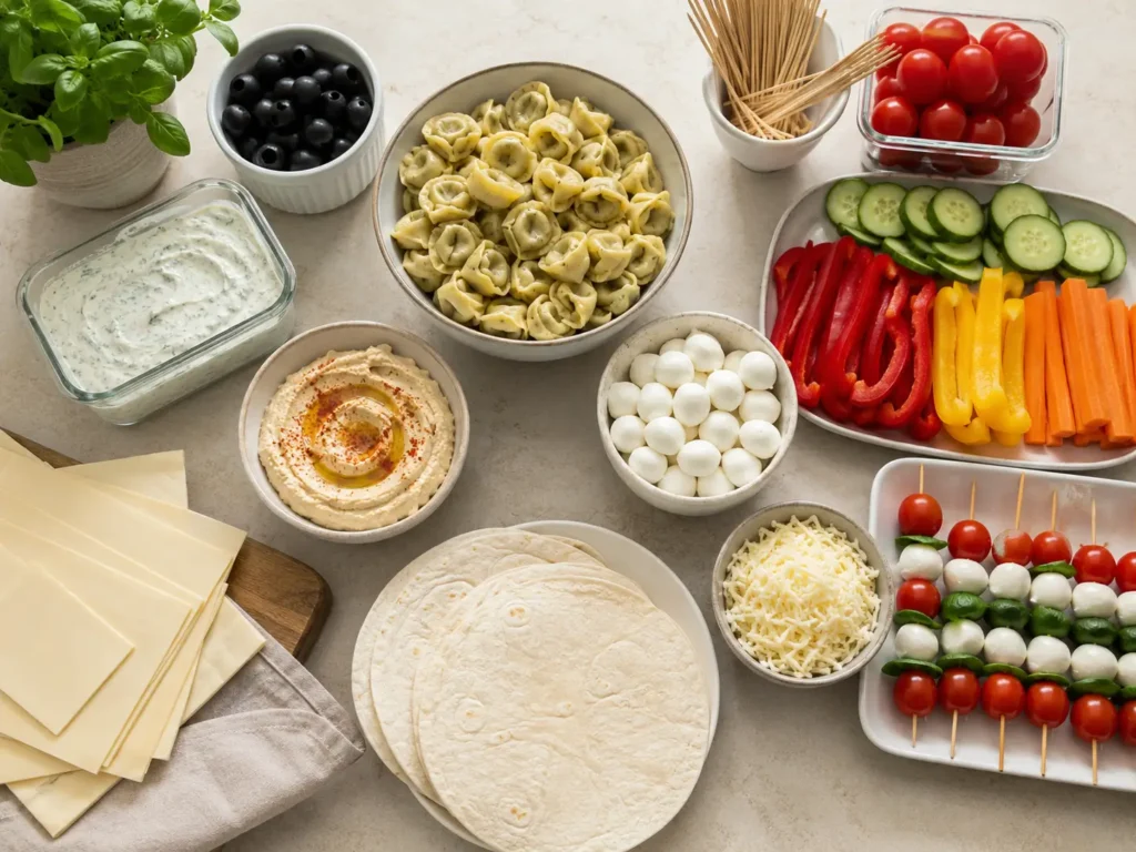 Fingerfood vorbereiten am Vortag mit geschnittenem Gemüse, Blätterteig, Wraps, Dips und Zutaten für Party Snacks