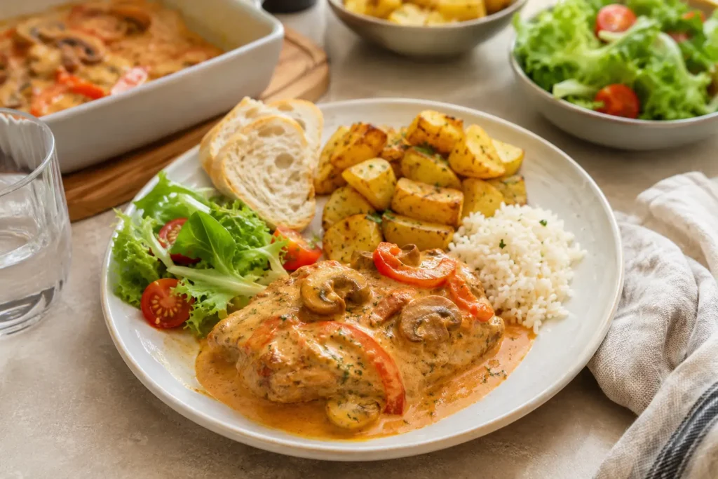 Fleisch aus dem Backofen mit cremiger Soße, Kartoffeln, Reis, Baguette und grünem Salat serviert