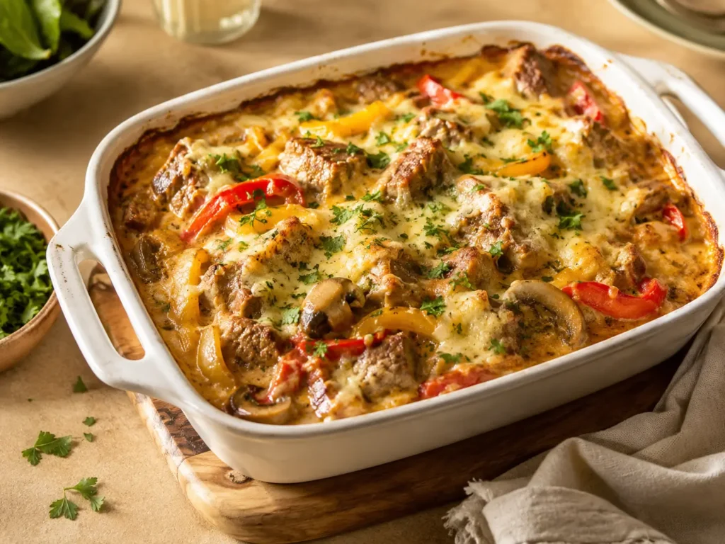 Fleisch im Backofen mit cremiger Soße, Paprika, Champignons und Käse aus der Auflaufform