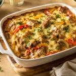 Fleisch im Backofen mit cremiger Soße, Paprika, Champignons und Käse aus der Auflaufform