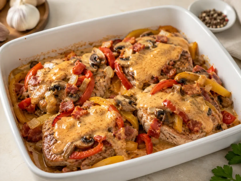 Gewürztes Fleisch in der Auflaufform mit Paprika, Champignons, Zwiebeln und cremiger Soße