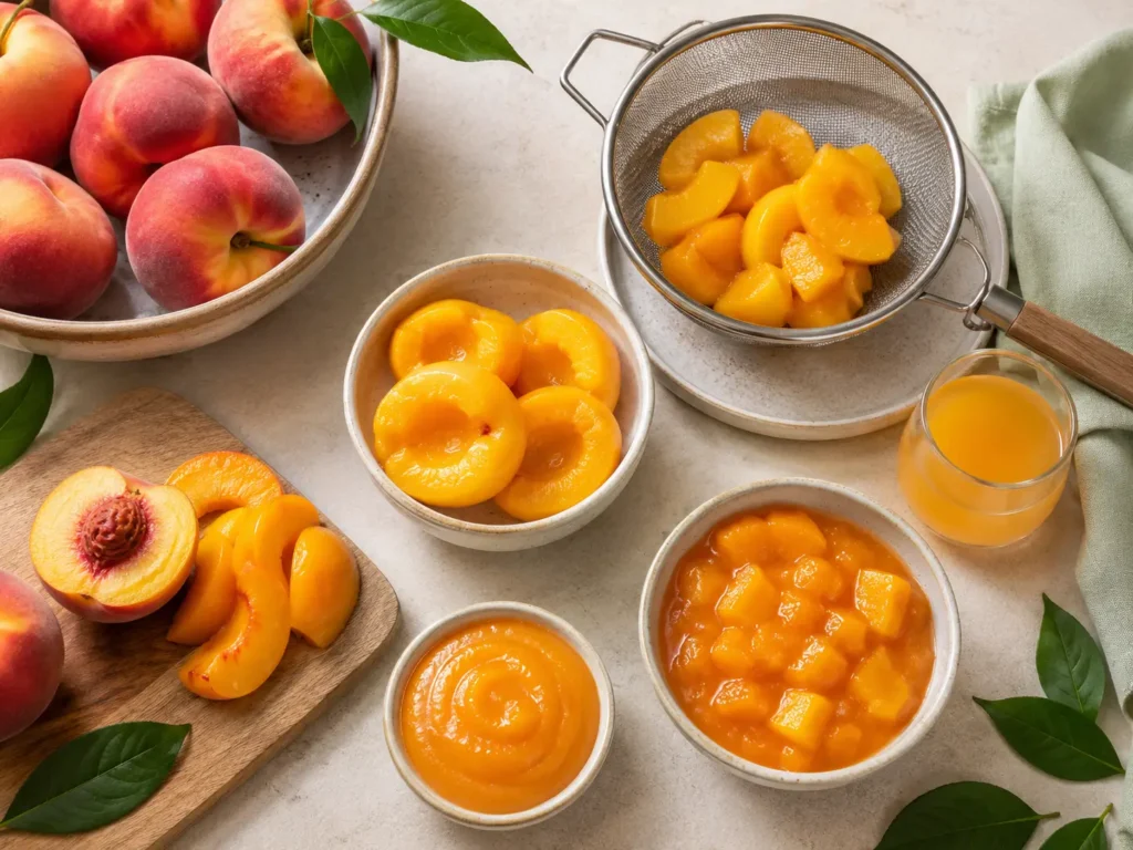 Frische Pfirsiche und Dosenpfirsiche als Zutaten für ein schnelles Pfirsich Dessert im Glas