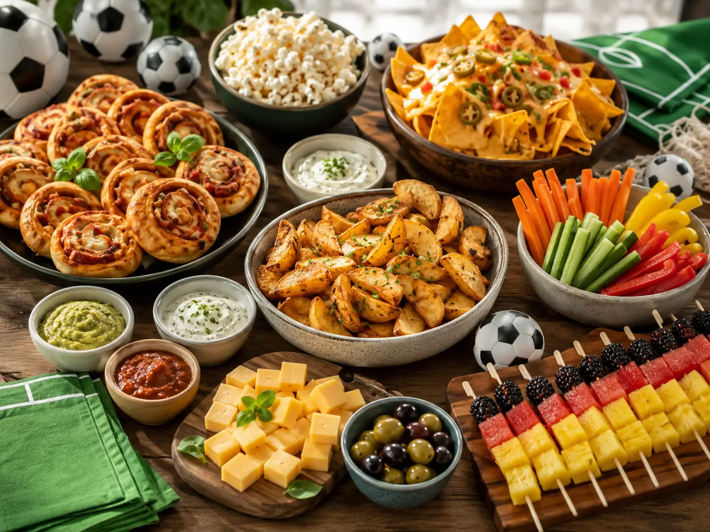 Fußball Snacks Buffet für EM oder WM Party mit Fingerfood, Dips und süßen Snacks