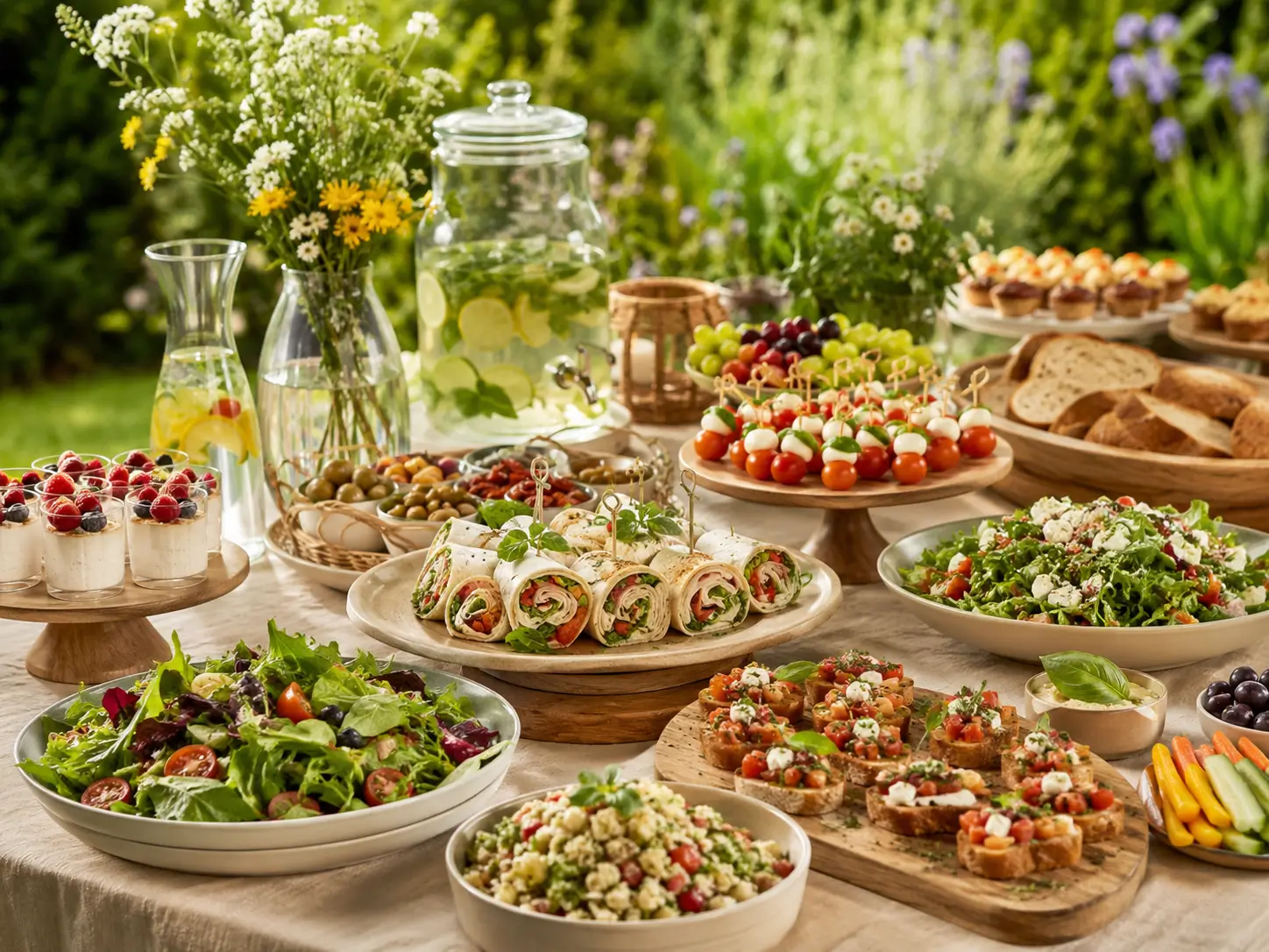 Gartenparty Buffet mit sommerlichen Salaten, Fingerfood, Dips, Brot, Getränken und Desserts im Garten