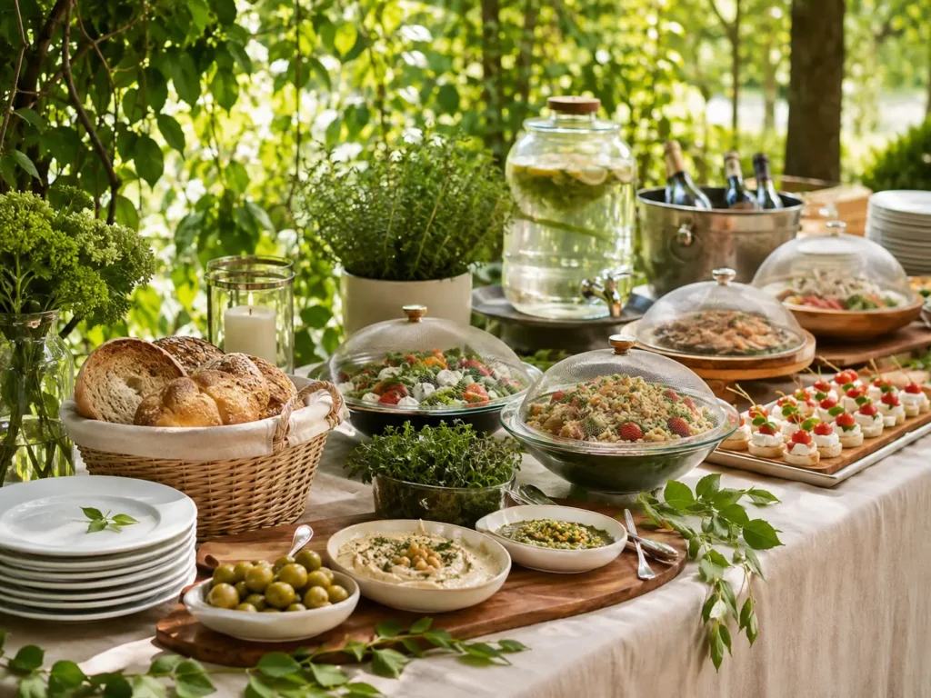 Gartenparty Buffet im Schatten mit abgedeckten Speisen, Getränkespender, Salaten und Kühlung für heiße Sommertage