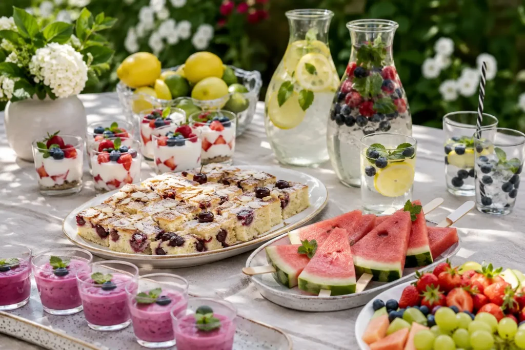 Sommerliche Desserts und Getränke fürs Gartenparty Buffet mit Blechkuchen, Wassermelonen Eis, Infused Water und Smoothies