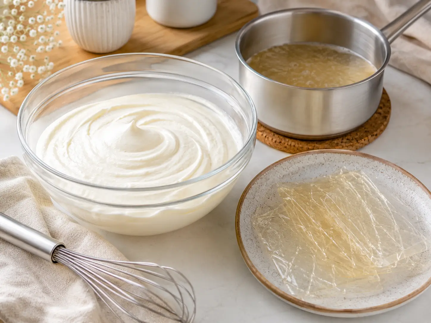 Gelatine Masse richtig zubereiten mit Blattgelatine, Creme, Schneebesen und kleiner Schüssel