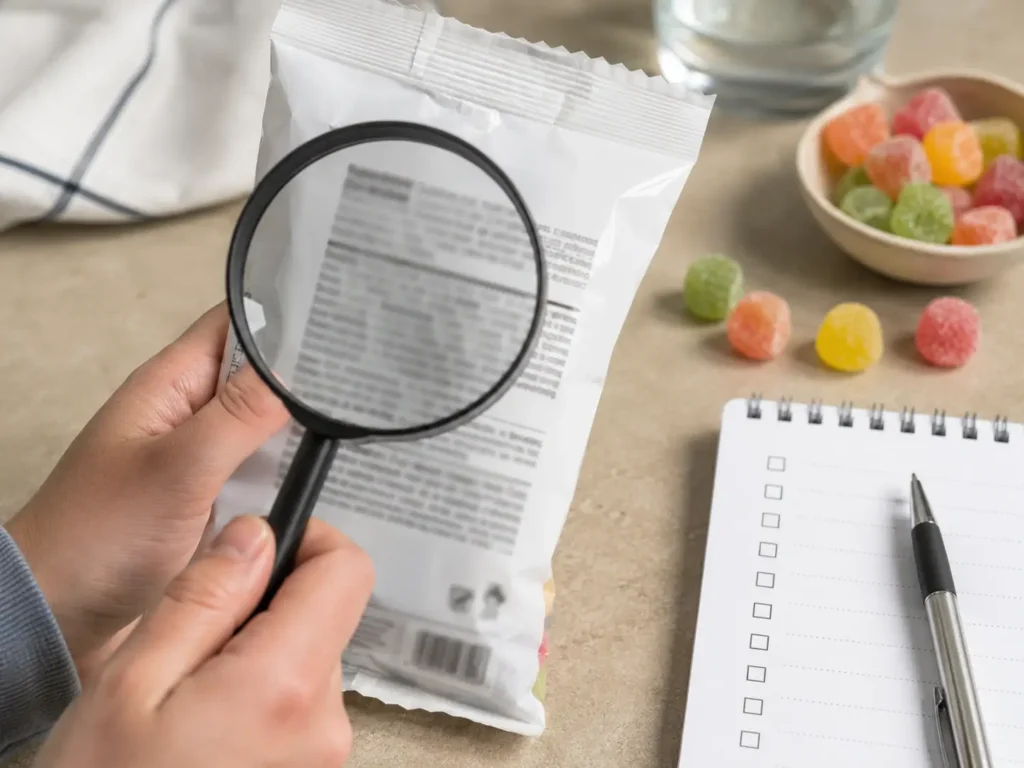 Zutatenliste von Süßigkeiten mit Lupe prüfen, um Gelatine zu erkennen