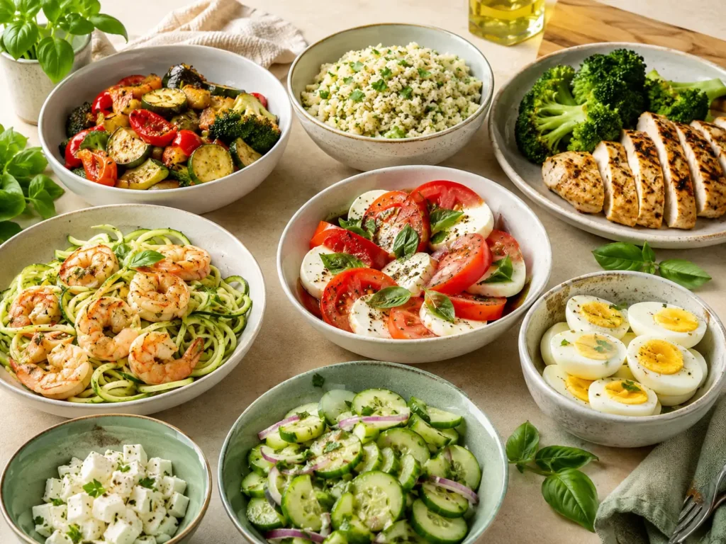 Gerichte ohne Kohlenhydrate mit Hähnchen, Zoodles, Blumenkohlreis, Salat, Feta, Ei und Gemüse auf hellem Küchentisch