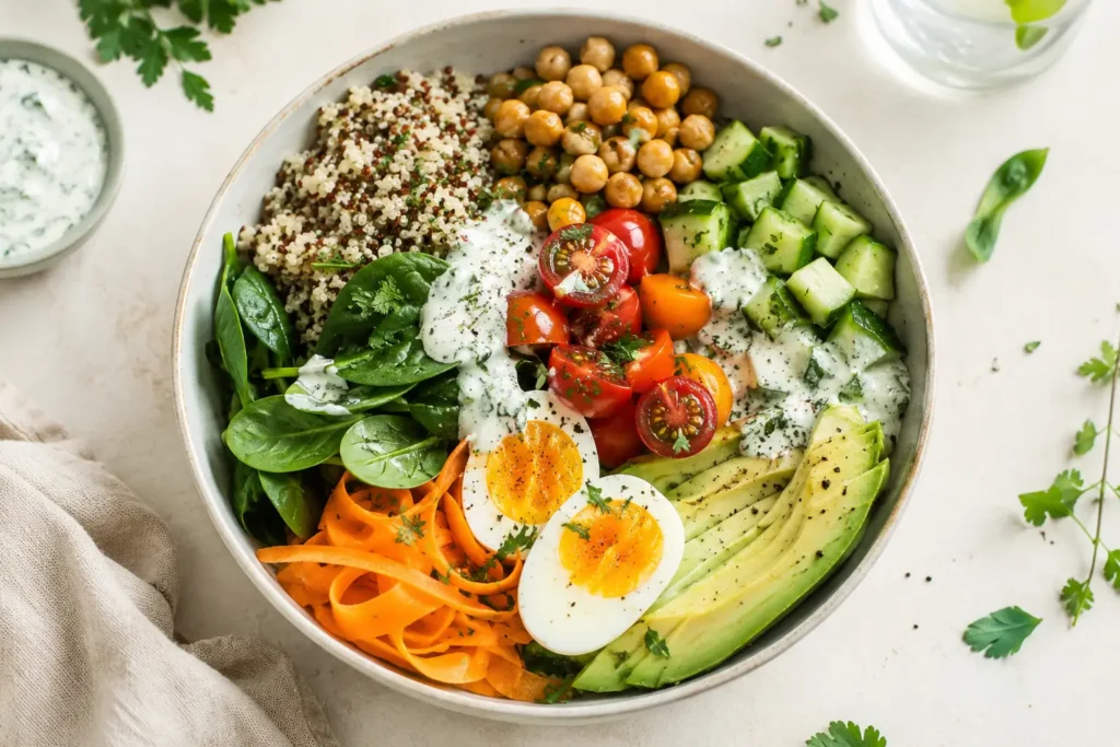 Gesunde Bowl Rezepte zum Abendessen mit Quinoa, Ei, Avocado, Kichererbsen, Gemüse, Kräutern und Joghurt-Dressing