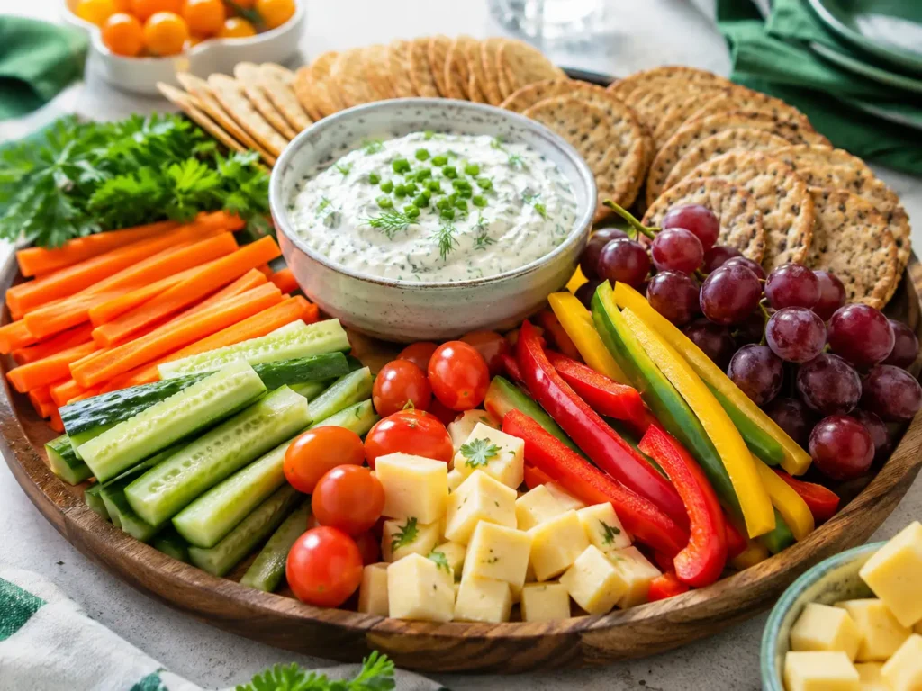 Gesunde Fußball Snacks mit Gemüse-Sticks, Käse, Crackern und Kräuterquark