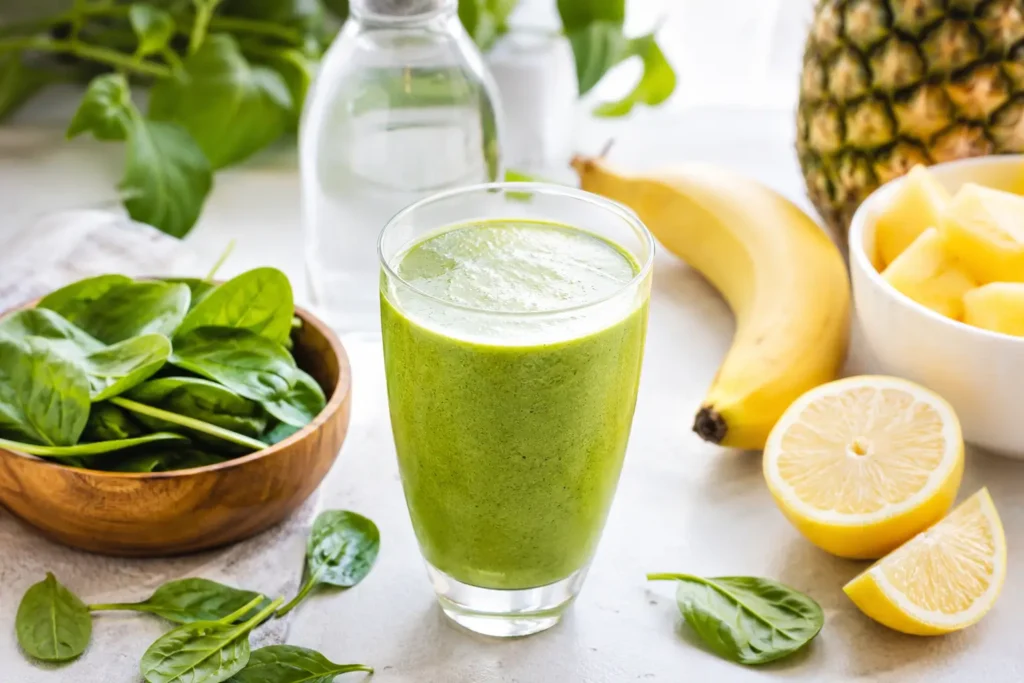 grüner smoothie mit spinat banane ananas und kokoswasser