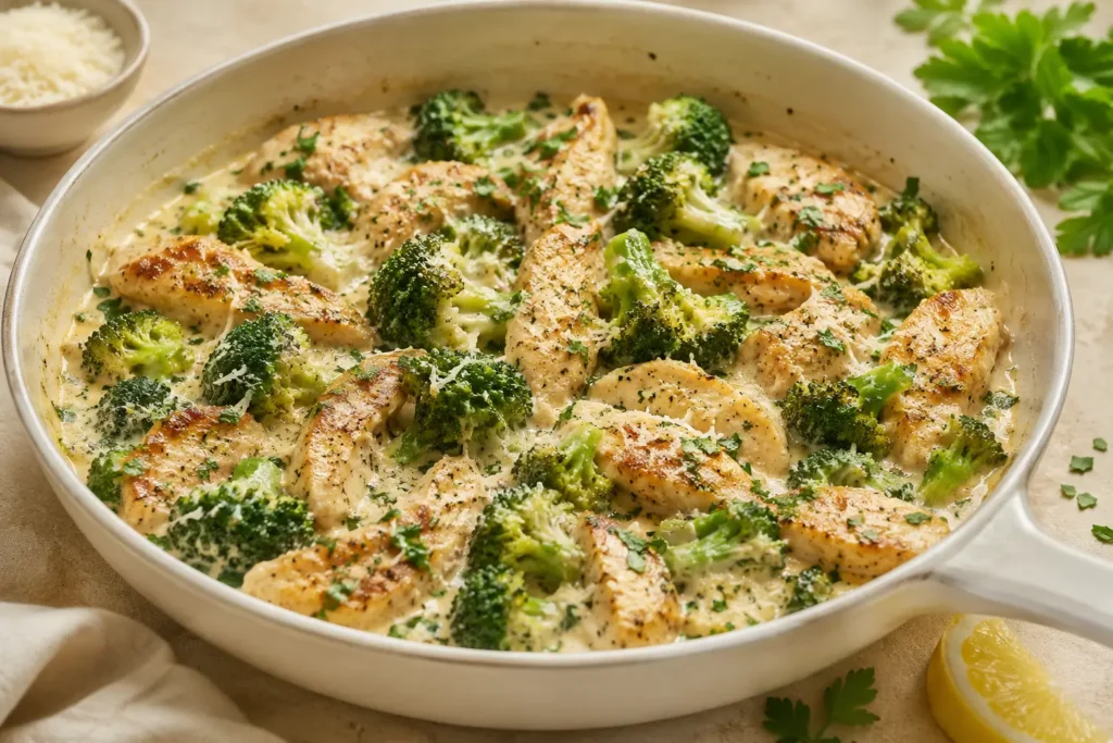Hähnchen Brokkoli Pfanne ohne Kohlenhydrate mit cremiger Sauce, Kräutern und Parmesan in heller Pfanne