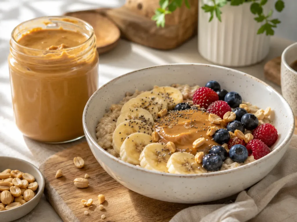 Haferflocken mit Erdnussbutter ohne Zucker, Banane, Beeren und Chiasamen in einer Frühstücksbowl