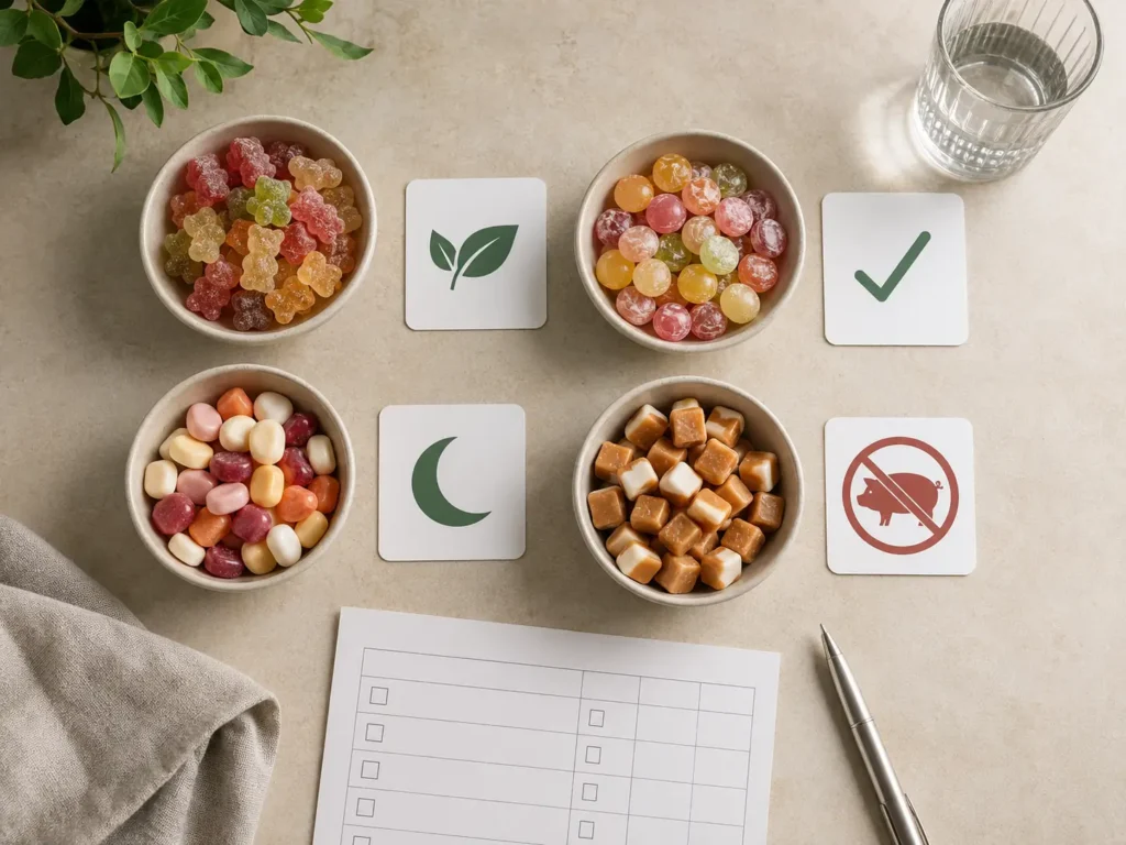 Vergleich von veganen, vegetarischen, halal und schweinefreien Süßigkeiten ohne Gelatine