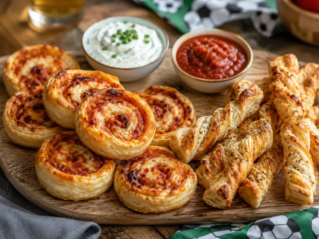 Herzhafte Fußball Snacks mit Pizzaschnecken, Blätterteigstangen und Dips