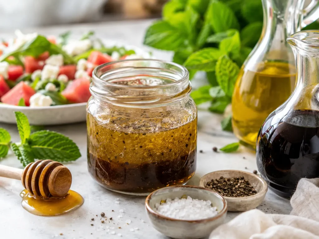 Honig-Balsamico-Dressing mit Olivenöl für Wassermelonen-Feta-Salat mit Rucola
