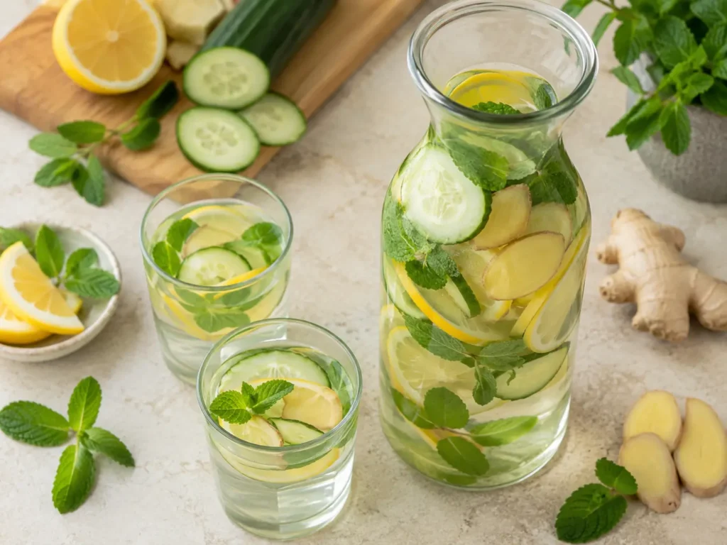 Ingwerwasser mit peruanischem Ingwer, Zitrone, Minze und Gurke in einer Glaskaraffe