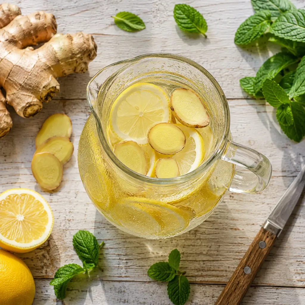 Ingwerwasser selber machen – Glaskaraffe mit frischen Ingwerscheiben und Zitrone