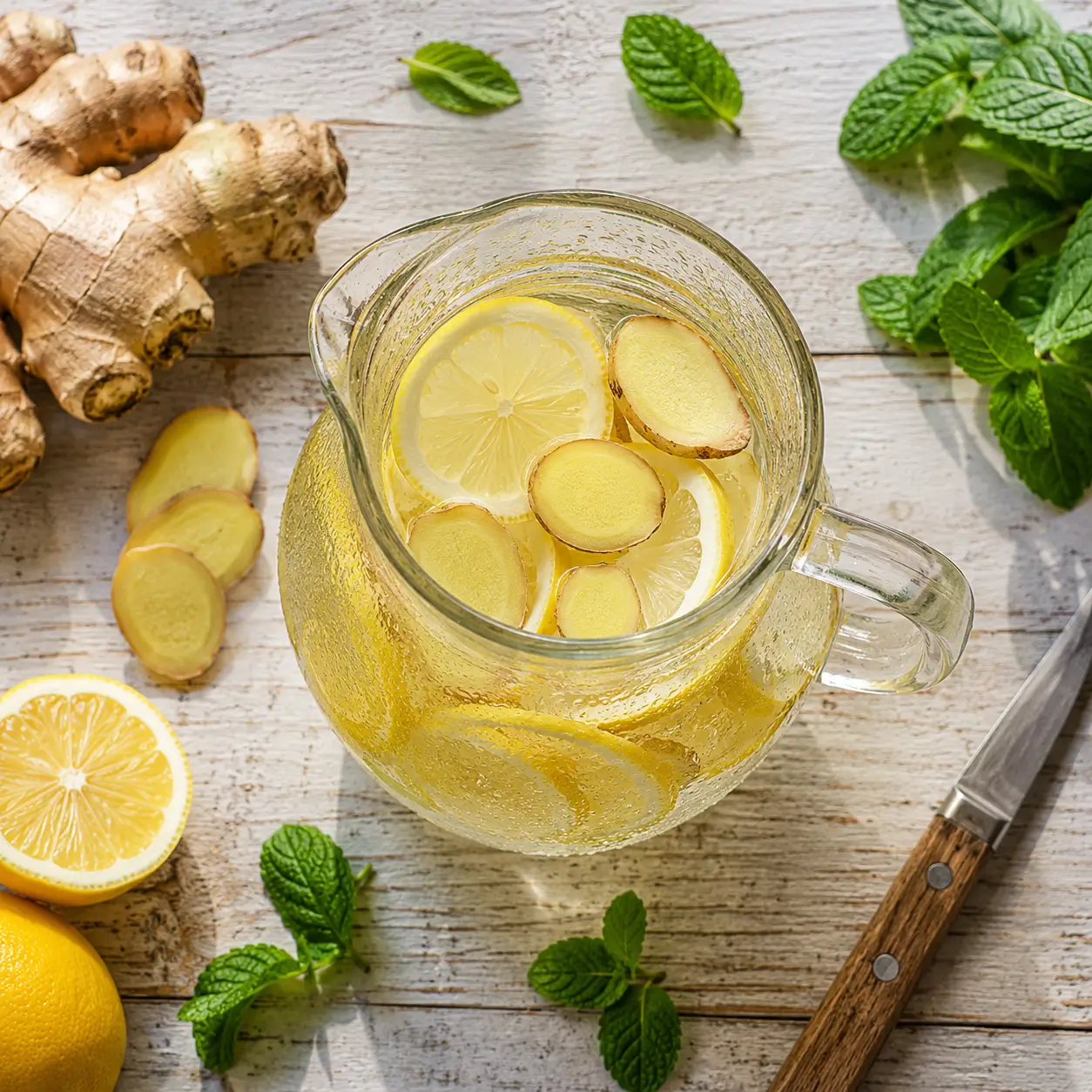 Ingwerwasser selber machen – Glaskaraffe mit frischen Ingwerscheiben und Zitrone