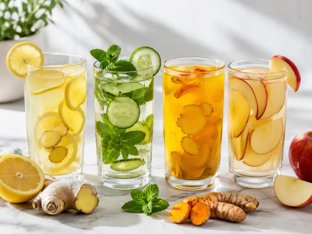 Ingwerwasser-Varianten mit Zitrone, Minze-Gurke, Kurkuma und Apfel