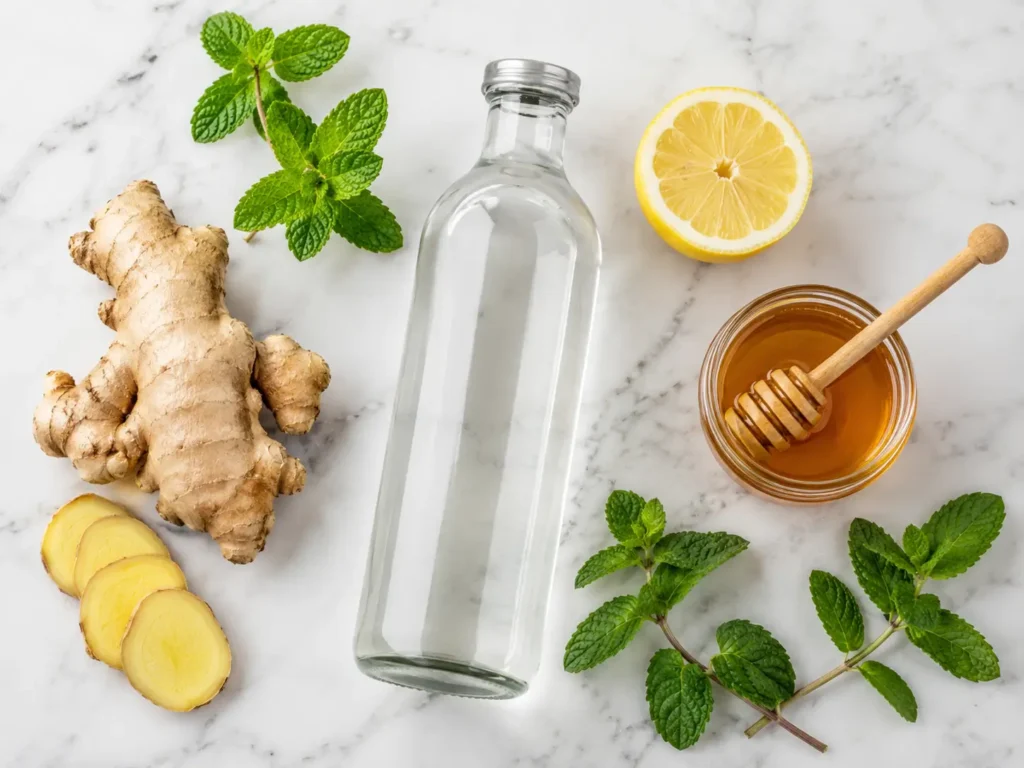 Zutaten für Ingwerwasser: frische Ingwerknolle, Wasser, Zitrone und Honig