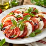 Italienischer Tomaten Mozzarella Salat mit Basilikum, Balsamico und Olivenöl