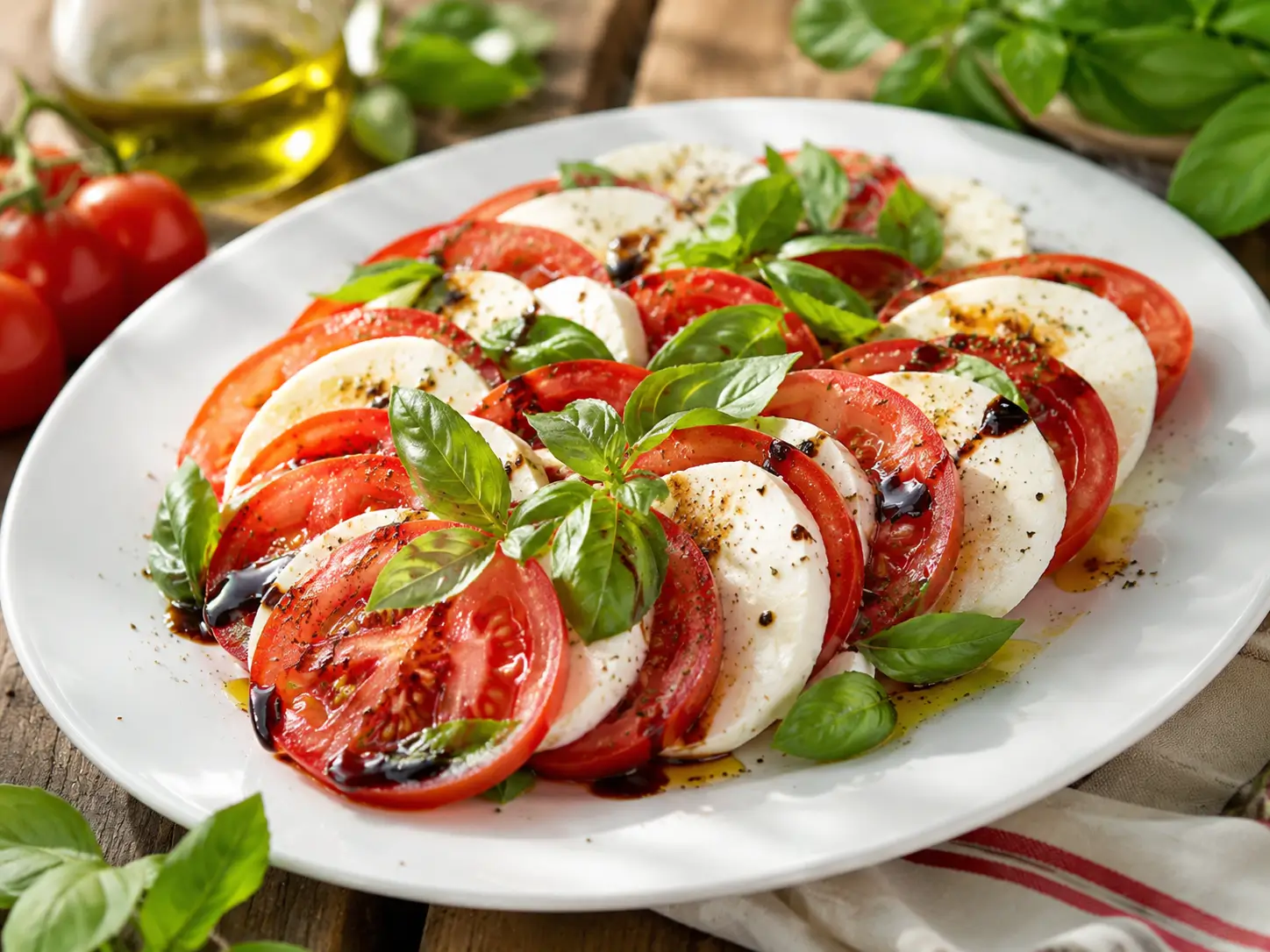 Italienischer Tomaten Mozzarella Salat mit Basilikum, Balsamico und Olivenöl