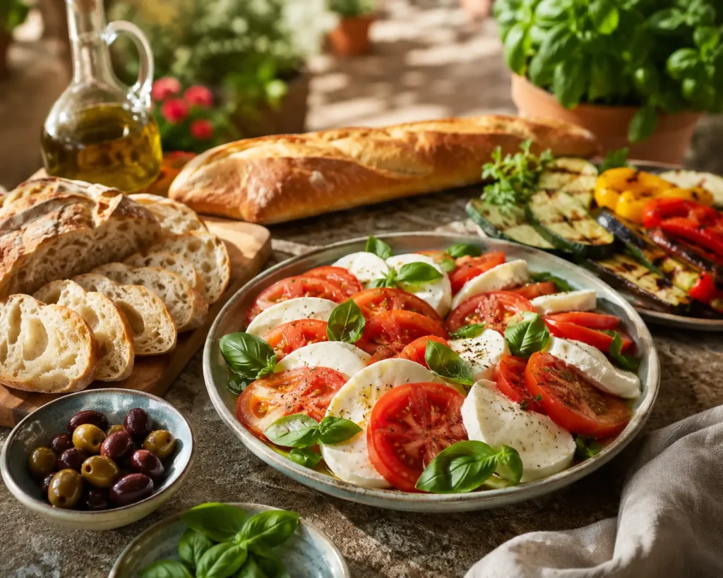 Italienischer Tomaten Mozzarella Salat als Grillbeilage mit Ciabatta und Antipasti