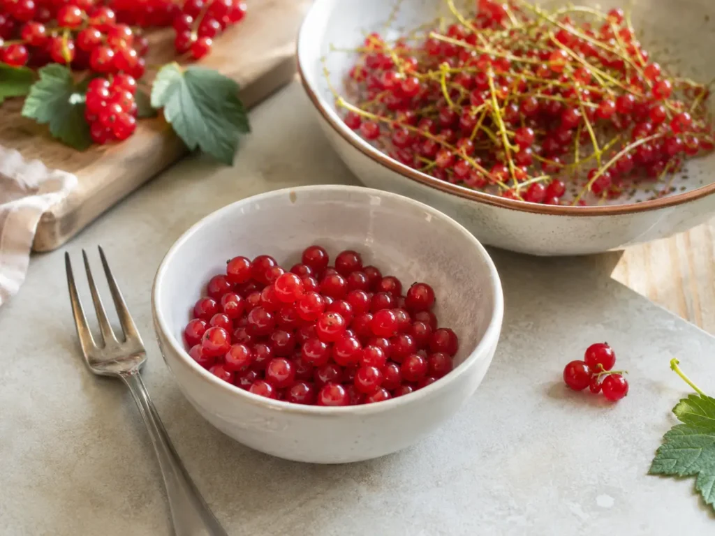 Rote Johannisbeeren werden für Johannisbeerkuchen vorbereitet und von den Rispen gelöst