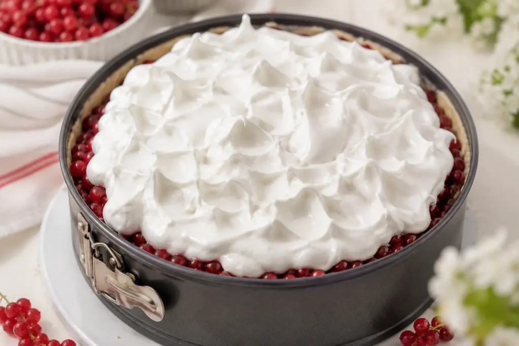 Johannisbeerkuchen mit luftiger Baiserhaube in Springform vor dem Backen