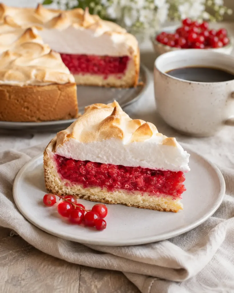 Stück Johannisbeerkuchen mit Baiser, roter Johannisbeerfüllung und knusprigem Boden auf Kuchenteller
