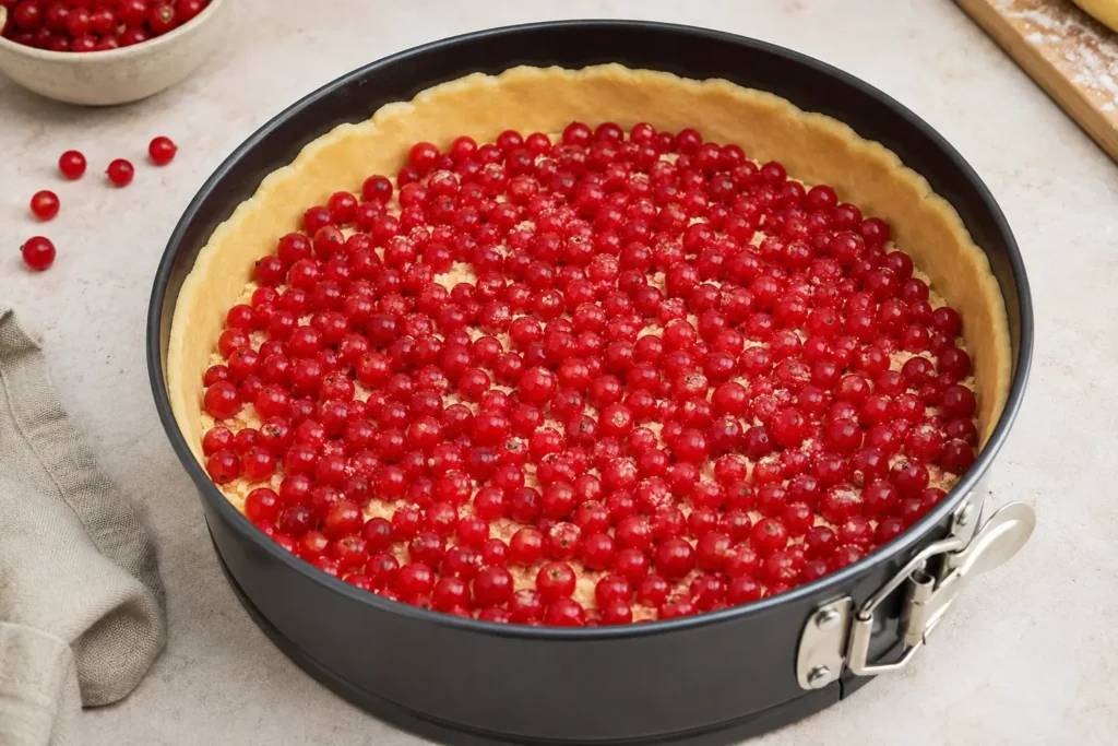 Mürbeteigboden in Springform mit roten Johannisbeeren und Semmelbröseln für Johannisbeerkuchen