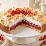 Johannisbeerkuchen mit Baiser, roten Johannisbeeren und knusprigem Mürbeteigboden auf heller Kuchentafel