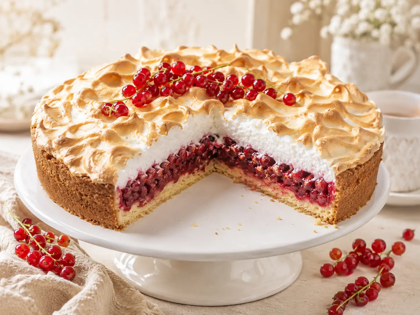 Johannisbeerkuchen mit Baiser, roten Johannisbeeren und knusprigem Mürbeteigboden auf heller Kuchentafel
