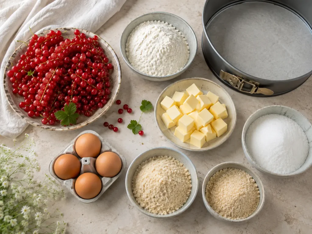Zutaten für Johannisbeerkuchen mit roten Johannisbeeren, Mehl, Butter, Eiern, Zucker, Mandeln und Semmelbröseln