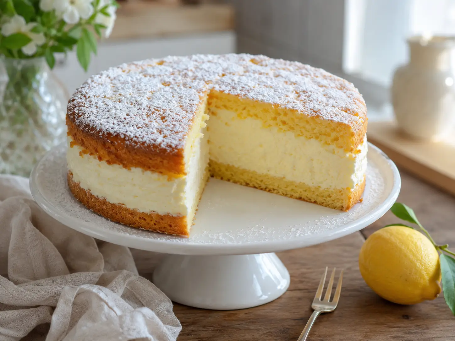 Käsesahnetorte ohne Gelatine mit cremiger Quark-Sahne-Füllung und Puderzucker