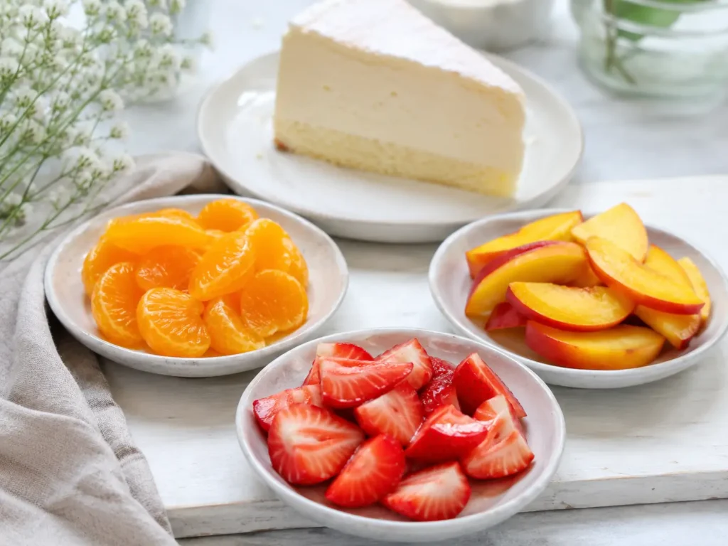 Käsesahnetorte ohne Gelatine mit Mandarinen Erdbeeren und Pfirsichen