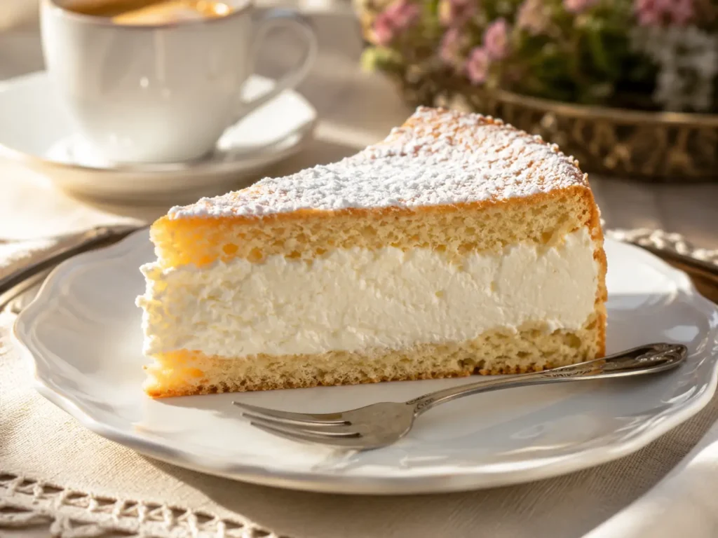 Stück Käsesahnetorte ohne Gelatine mit Puderzucker serviert
