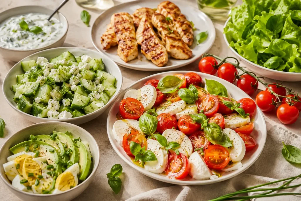 Kalte Gerichte ohne Kohlenhydrate mit Tomaten Mozzarella Salat, Gurken Feta Salat, Ei, Avocado und Hähnchen